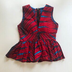 Size 10-12 Handmade Red and Blue African Wax Print Peplum Top